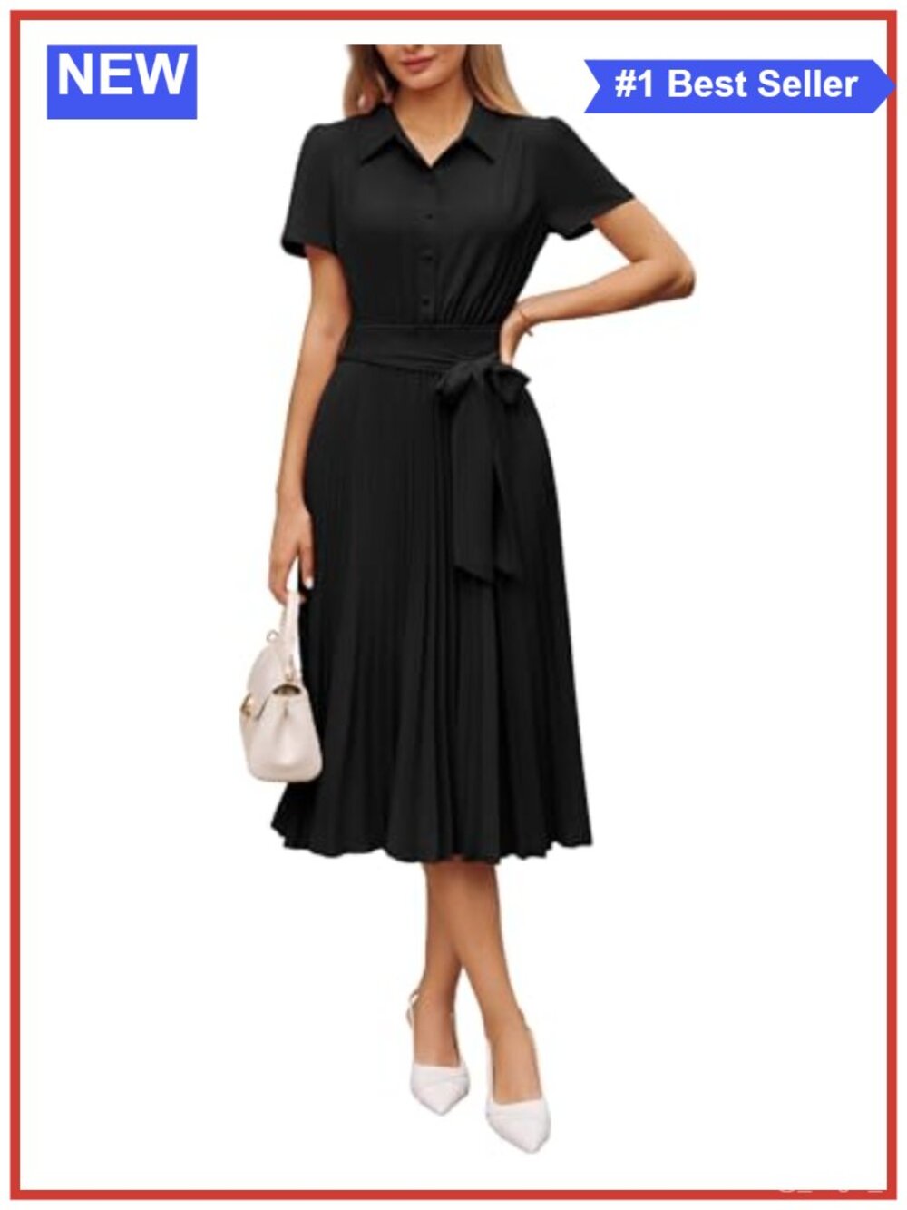 Women's A-Line Midi Work Dress Short Sleeve Button Pleated Business